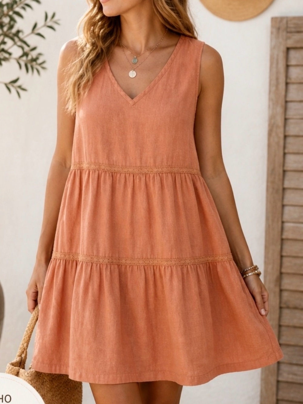 NWT Linen Lucky Brand Tiered Mini Short Dress Sleeveless Small Coral Orange